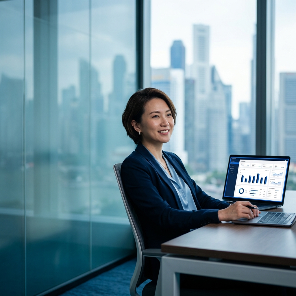 Finance professional in Singapore reviewing an AI-assisted reporting dashboard